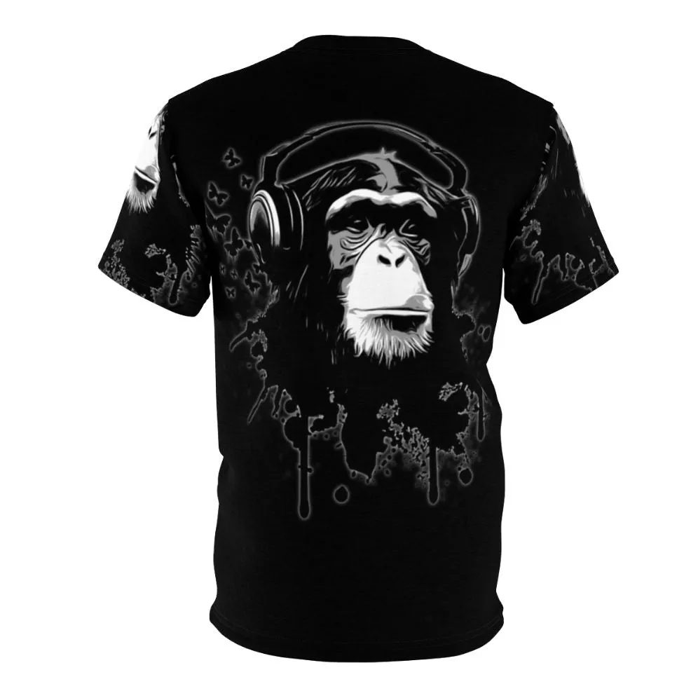 Abstract Monkey Graphic Black T-Shirt with Graffiti and Butterflies