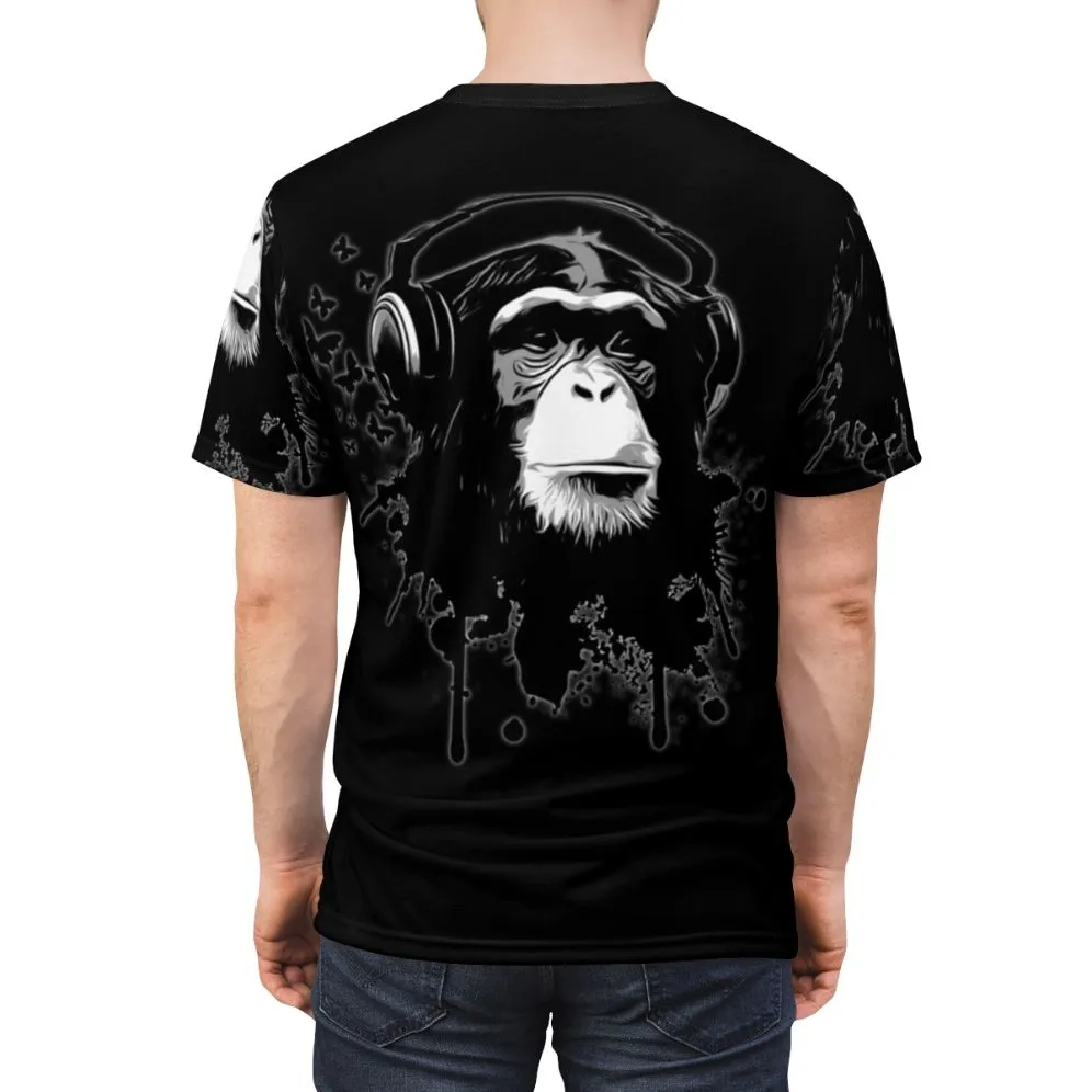 Abstract Monkey Graphic Black T-Shirt with Graffiti and Butterflies