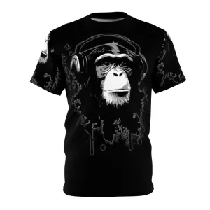Abstract Monkey Graphic Black T-Shirt with Graffiti and Butterflies