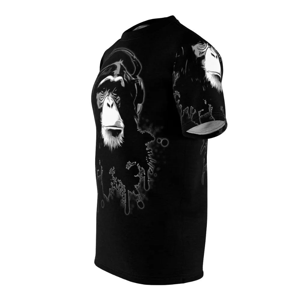 Abstract Monkey Graphic Black T-Shirt with Graffiti and Butterflies
