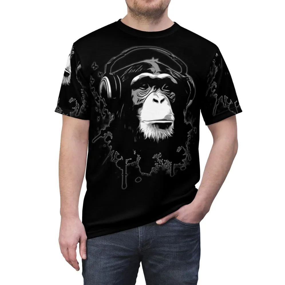 Abstract Monkey Graphic Black T-Shirt with Graffiti and Butterflies