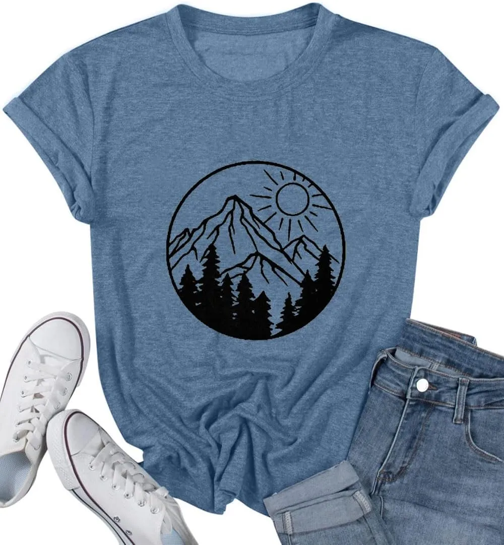 Adventure Awaits Shirts for Women Cute Sunrise Eagle Graphic Hiking T Shirts Outdoor Casual Short Sleeve Wildflower Tops