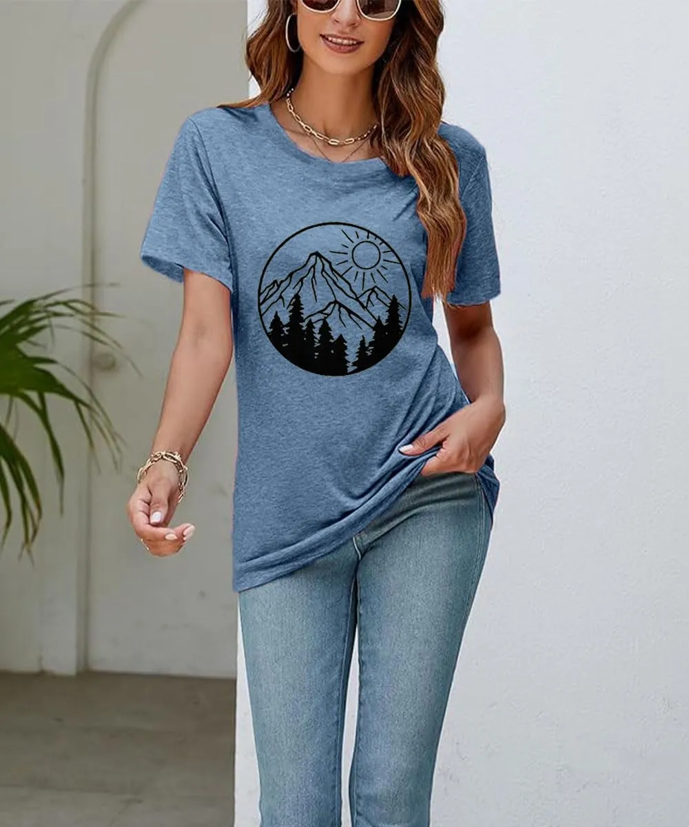 Adventure Awaits Shirts for Women Cute Sunrise Eagle Graphic Hiking T Shirts Outdoor Casual Short Sleeve Wildflower Tops