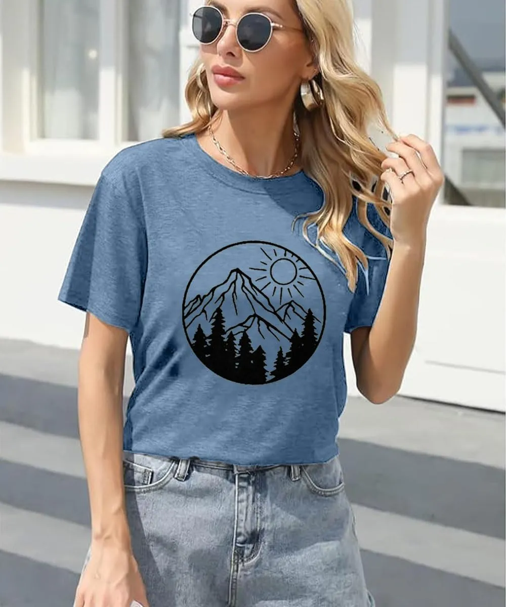 Adventure Awaits Shirts for Women Cute Sunrise Eagle Graphic Hiking T Shirts Outdoor Casual Short Sleeve Wildflower Tops