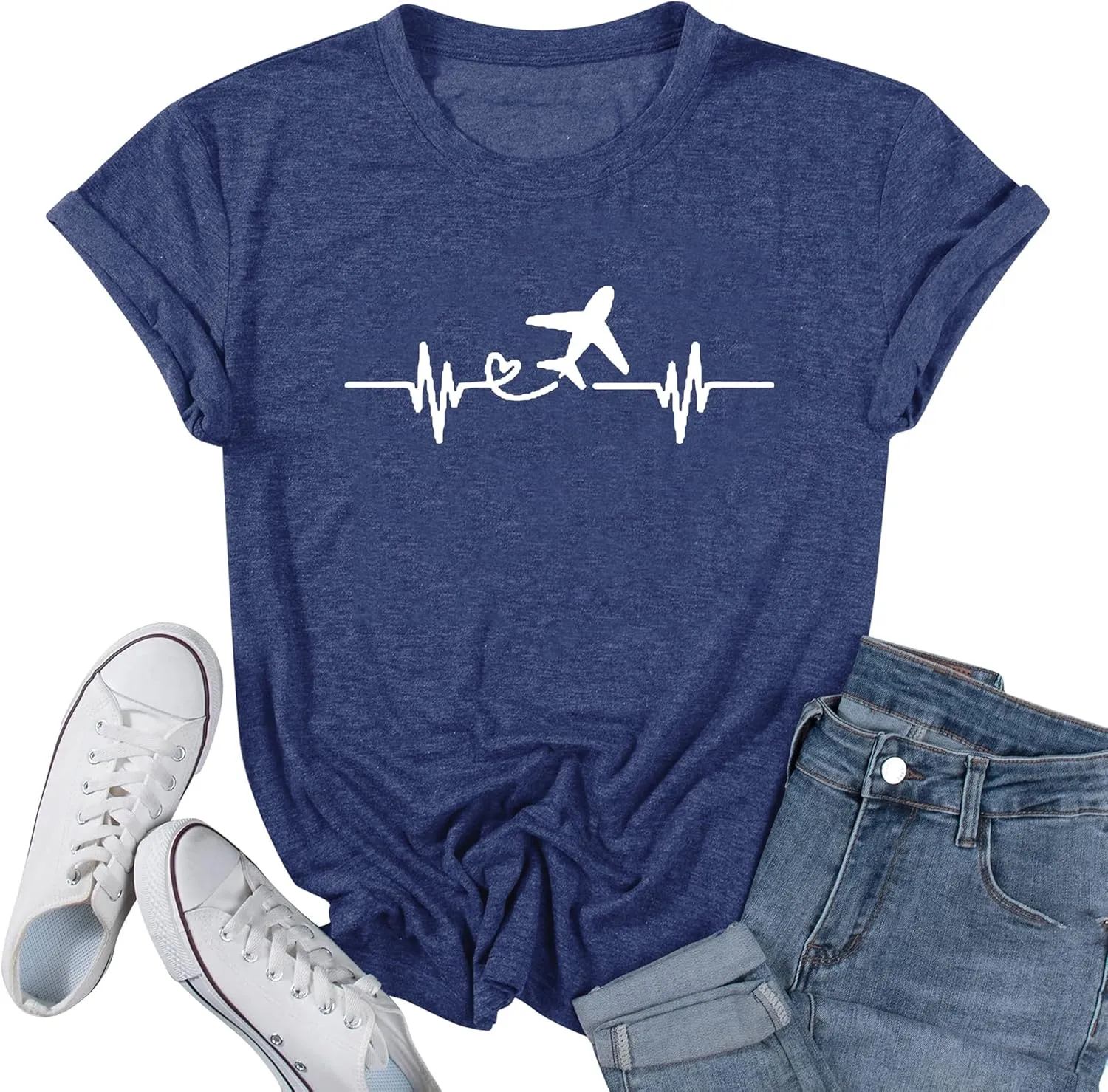 Airplane Mode Shirt Women Love Heart Graphic Tees Adventure Letter Print Short Sleeve Travel Shirts Casual Outdoor Tops