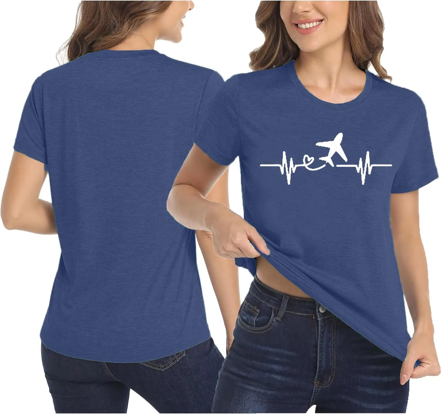 Airplane Mode Shirt Women Love Heart Graphic Tees Adventure Letter Print Short Sleeve Travel Shirts Casual Outdoor Tops