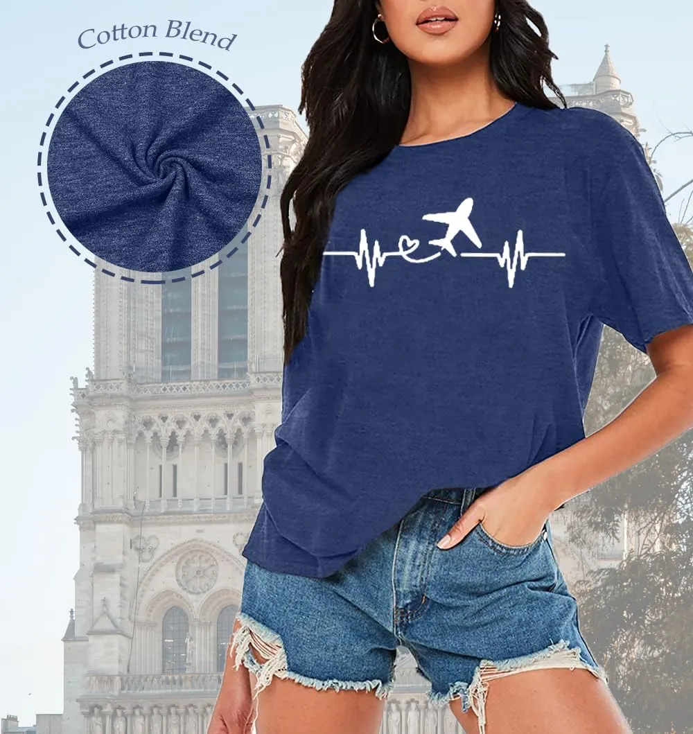 Airplane Mode Shirt Women Love Heart Graphic Tees Adventure Letter Print Short Sleeve Travel Shirts Casual Outdoor Tops
