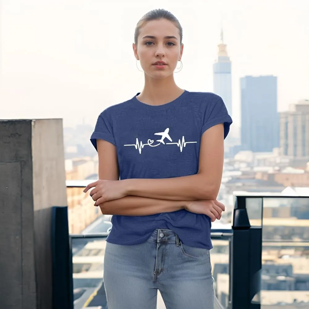 Airplane Mode Shirt Women Love Heart Graphic Tees Adventure Letter Print Short Sleeve Travel Shirts Casual Outdoor Tops