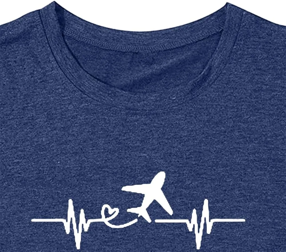 Airplane Mode Shirt Women Love Heart Graphic Tees Adventure Letter Print Short Sleeve Travel Shirts Casual Outdoor Tops