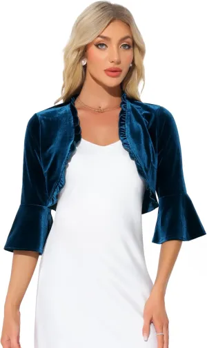 Allegra K Velvet Shrug Top for Women's 3/4 Sleeve Open Front Ruffled Cocktail Party Cropped Cardigan