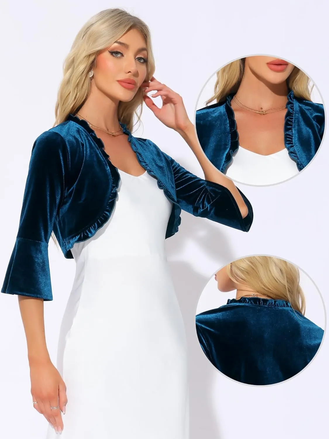 Allegra K Velvet Shrug Top for Women's 3/4 Sleeve Open Front Ruffled Cocktail Party Cropped Cardigan