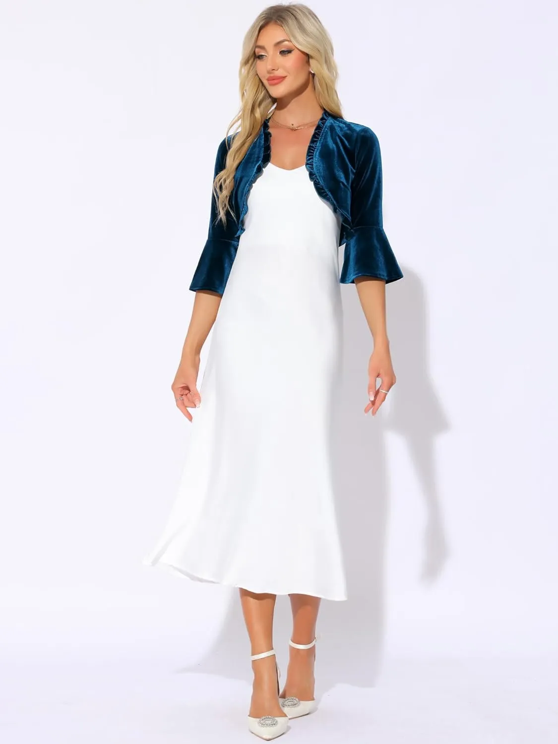 Allegra K Velvet Shrug Top for Women's 3/4 Sleeve Open Front Ruffled Cocktail Party Cropped Cardigan