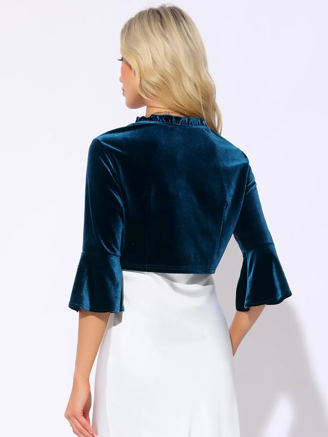 Allegra K Velvet Shrug Top for Women's 3/4 Sleeve Open Front Ruffled Cocktail Party Cropped Cardigan