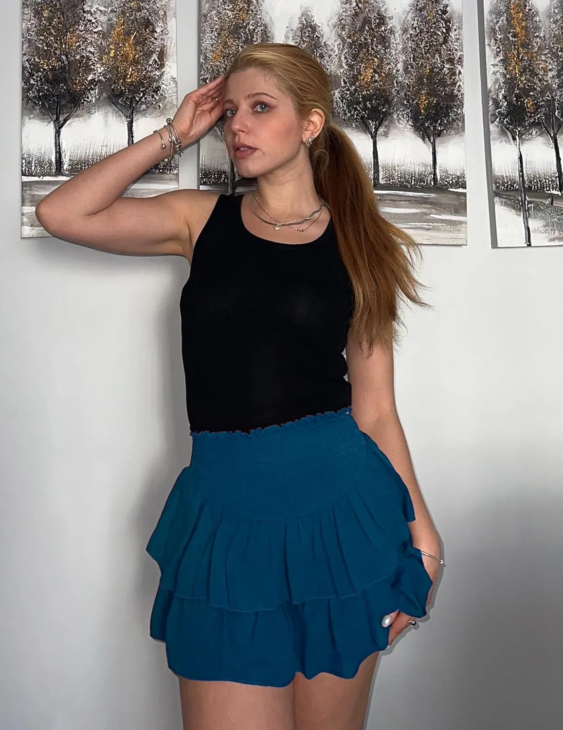Avidlove Women's Summer High Waist Ruffle Flowy Mini Skirts Casual Boho Layered Pleated Beach Short Skirt