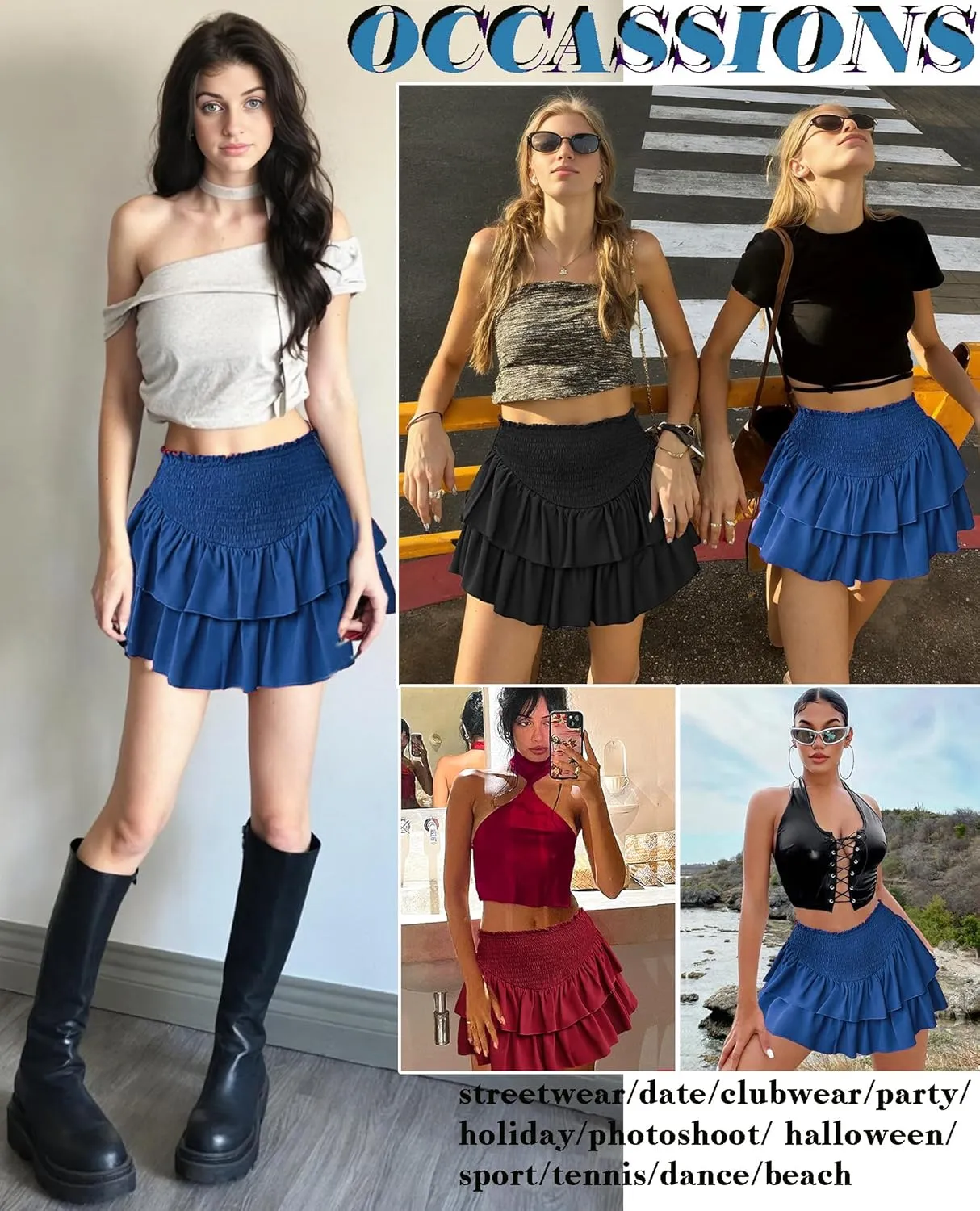 Avidlove Women's Summer High Waist Ruffle Flowy Mini Skirts Casual Boho Layered Pleated Beach Short Skirt