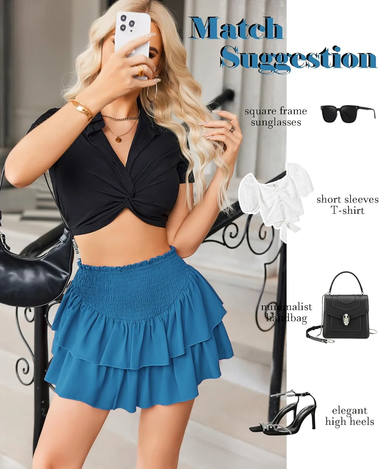 Avidlove Women's Summer High Waist Ruffle Flowy Mini Skirts Casual Boho Layered Pleated Beach Short Skirt
