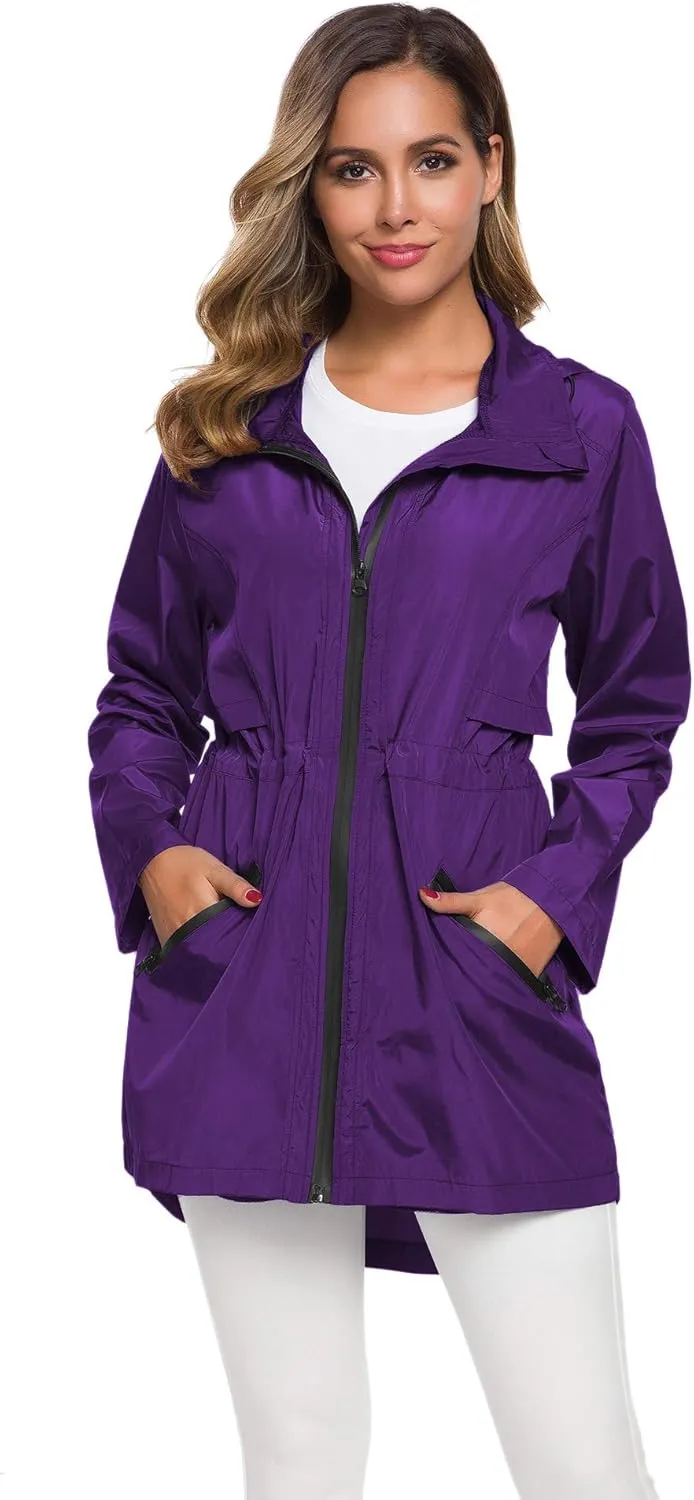 Avoogue Women's Long Raincoat with Hood Outdoor Lightweight Windbreaker Rain Jacket Waterproof