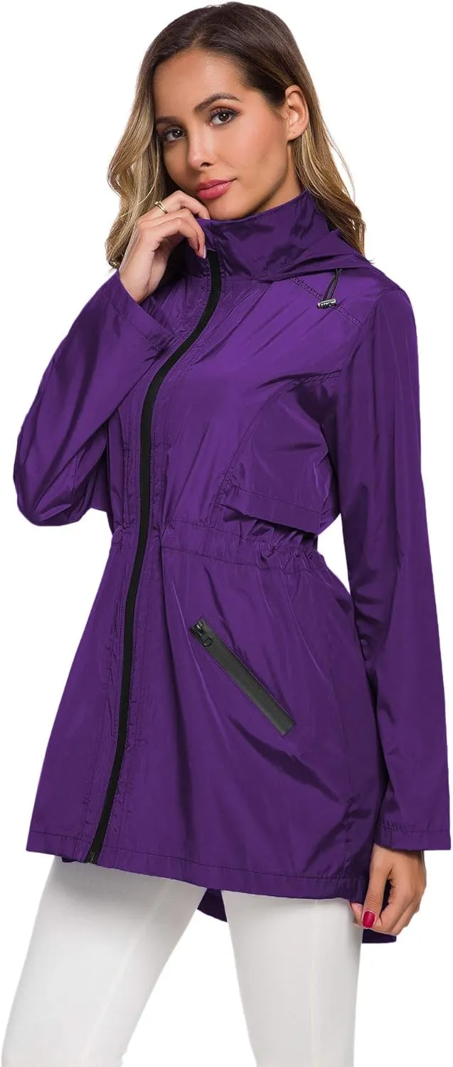 Avoogue Women's Long Raincoat with Hood Outdoor Lightweight Windbreaker Rain Jacket Waterproof