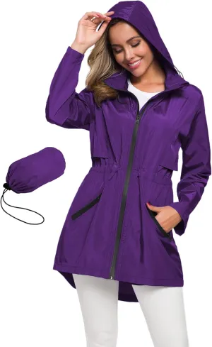 Avoogue Women's Long Raincoat with Hood Outdoor Lightweight Windbreaker Rain Jacket Waterproof