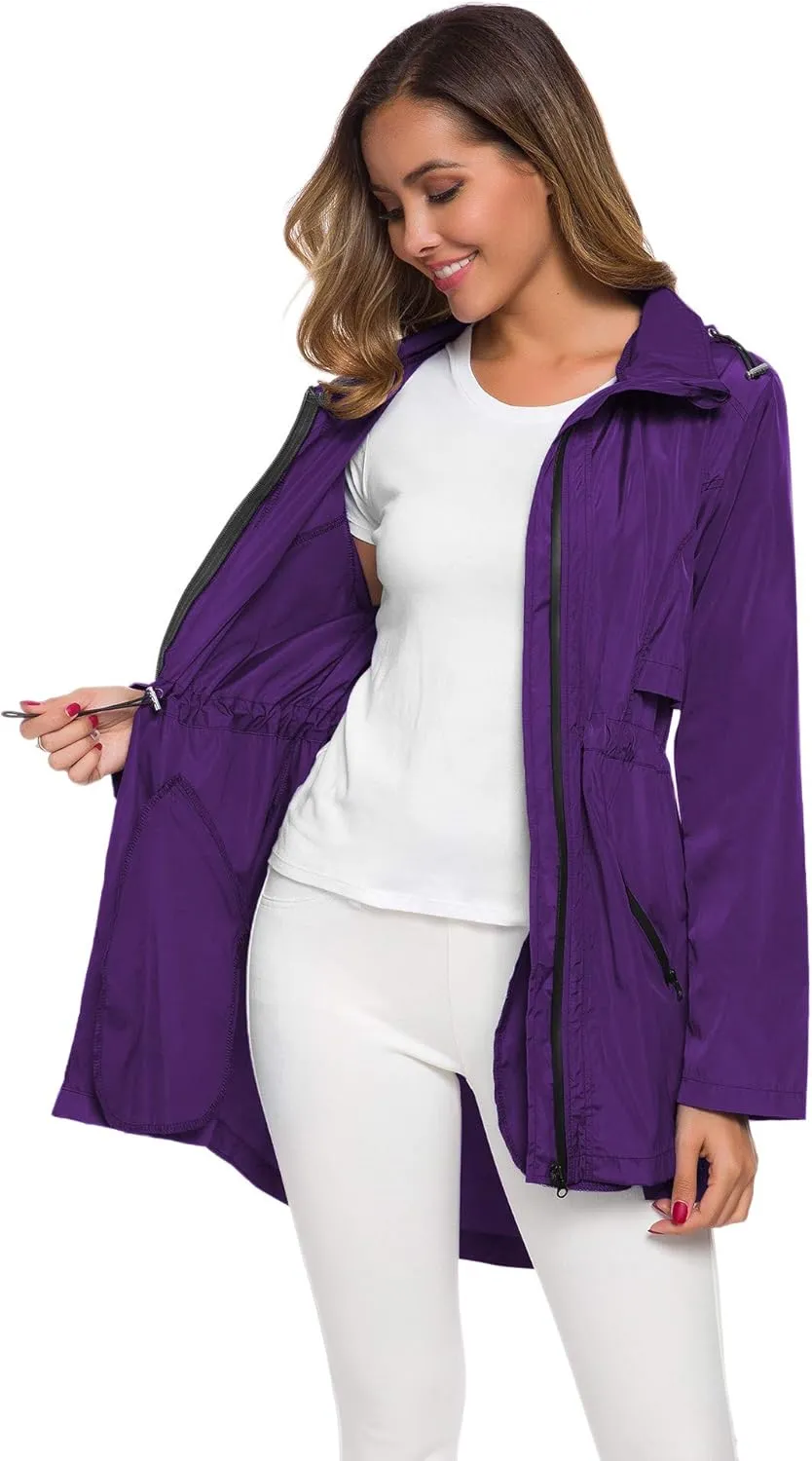 Avoogue Women's Long Raincoat with Hood Outdoor Lightweight Windbreaker Rain Jacket Waterproof