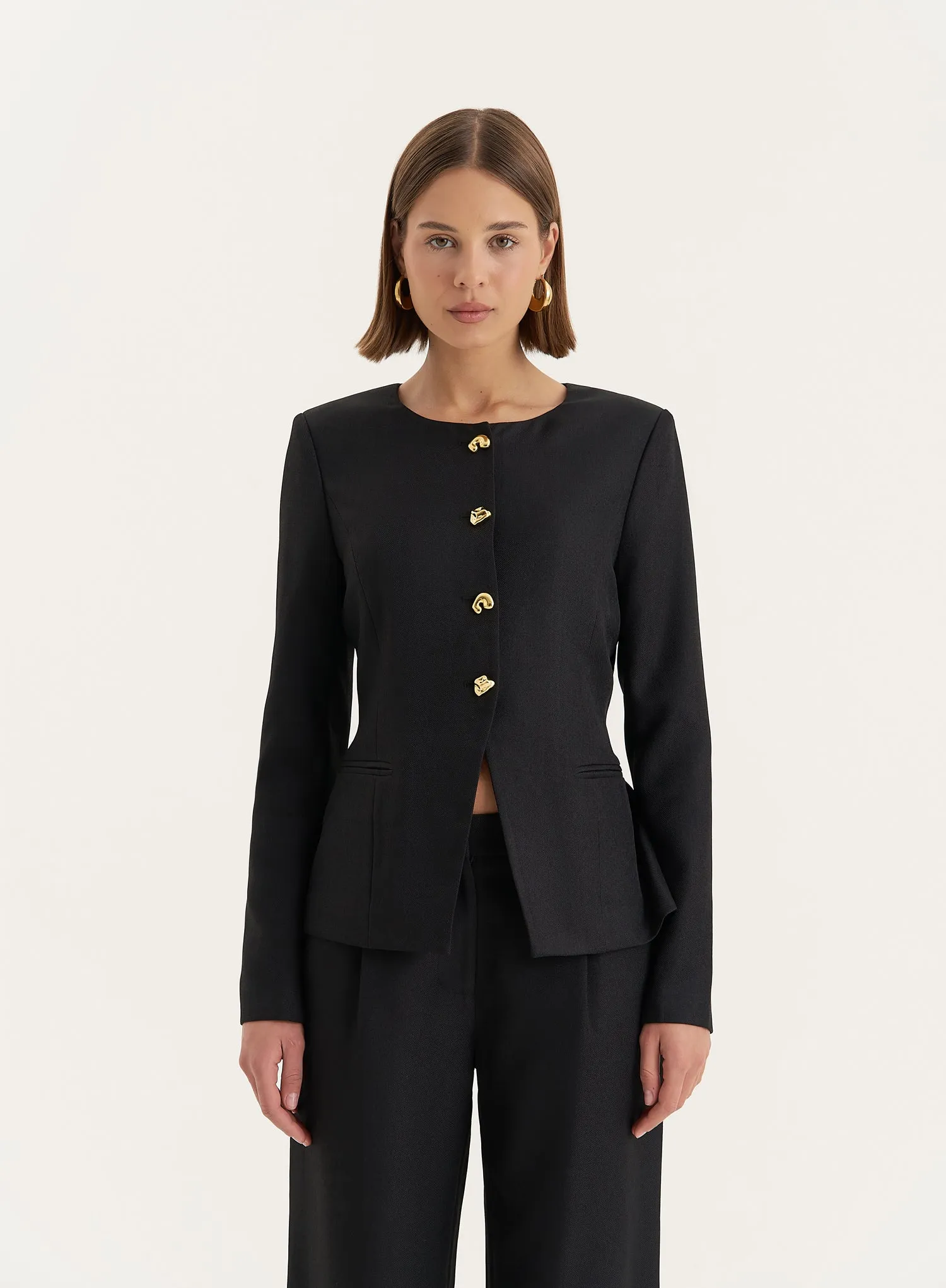 Black Tailored Gold Button Front Split Blazer- Polly