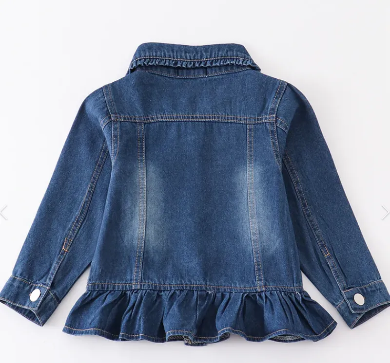 Blue ruffle girl distressed denim jacket