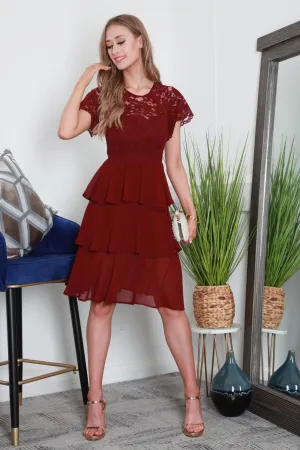 Double Second Burgundy Red Tiered Lace Dress