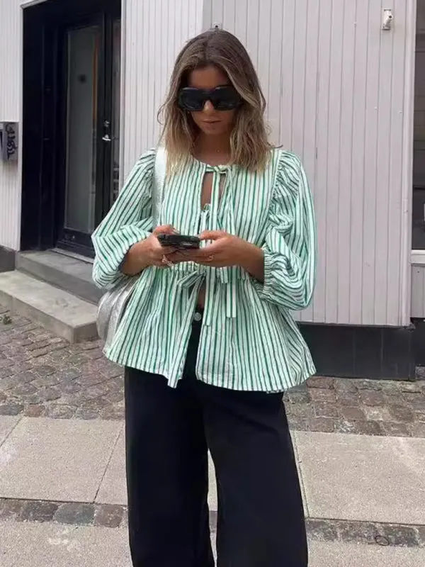 Esme New Fashion Striped Personalized Mid-Long Sleeve Shirt