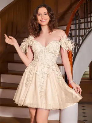 Feather Adorned Off-the-shoulder Cocktail Dress Peach