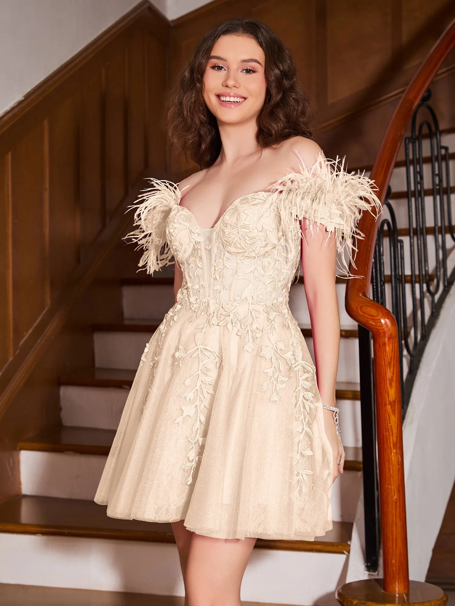 Feather Adorned Off-the-shoulder Cocktail Dress Peach