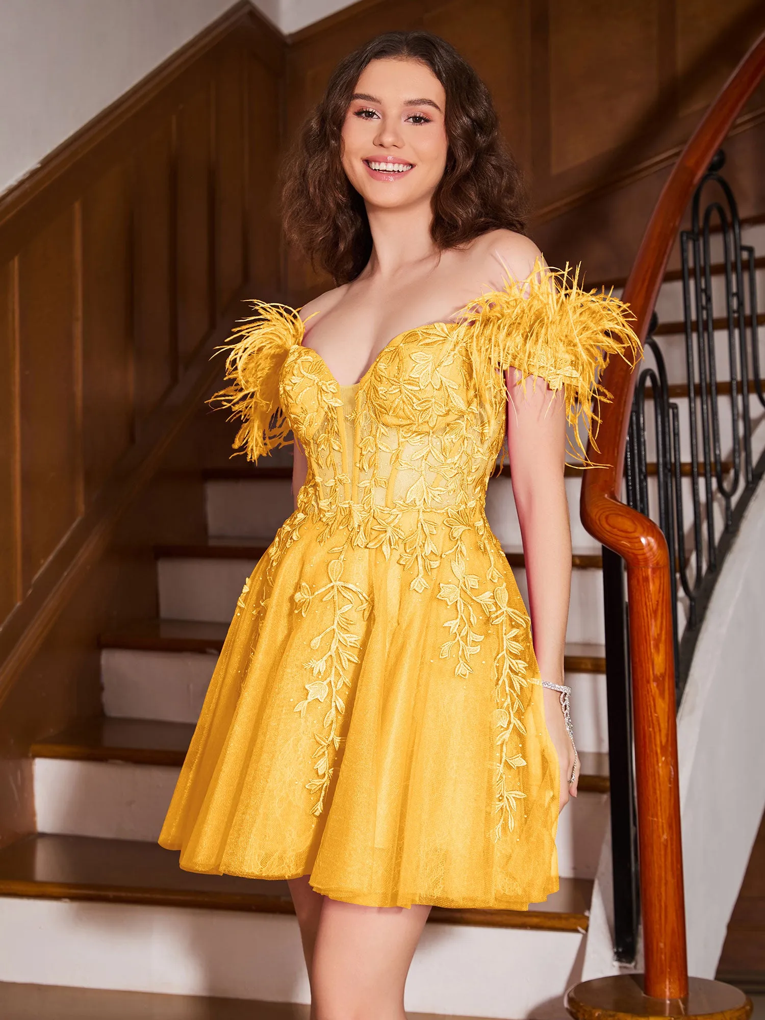 Feather Adorned Off-the-shoulder Cocktail Dress Tangerine