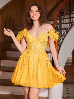 Feather Adorned Off-the-shoulder Cocktail Dress Tangerine