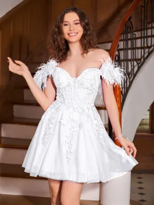 Feather Adorned Off-the-shoulder Cocktail Dress White