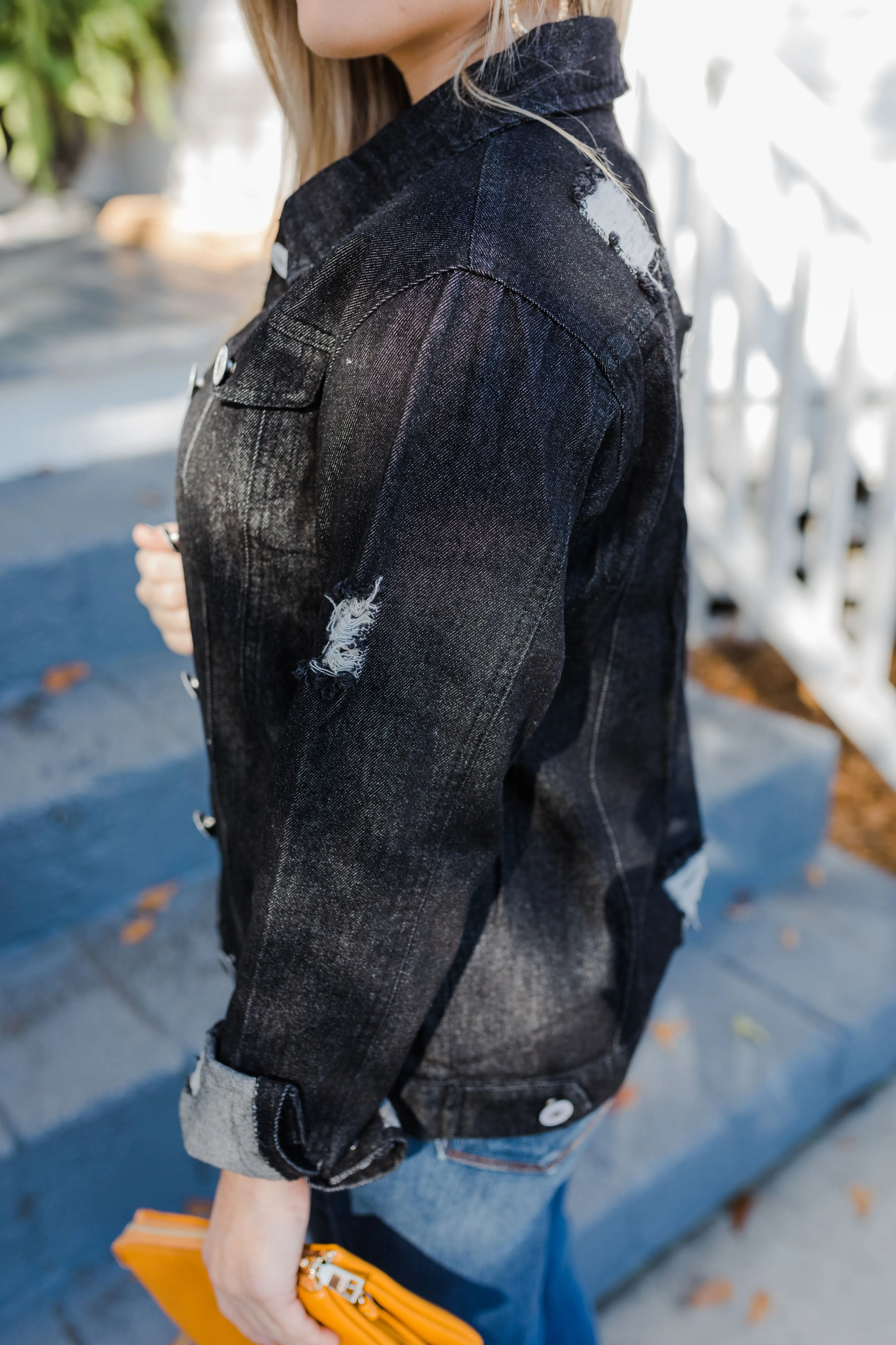 FINAL SALE Distressed Black Classic Light Wash Denim Jacket