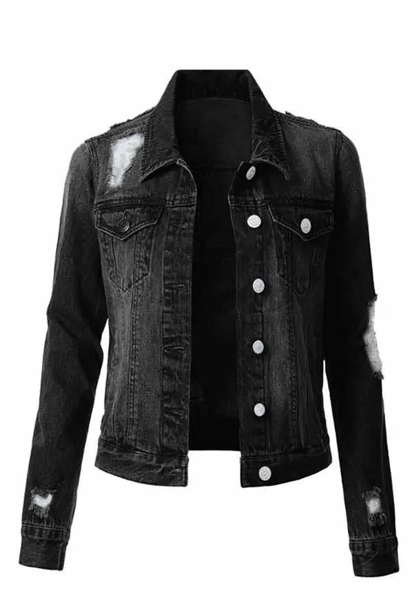 FINAL SALE Distressed Black Classic Light Wash Denim Jacket