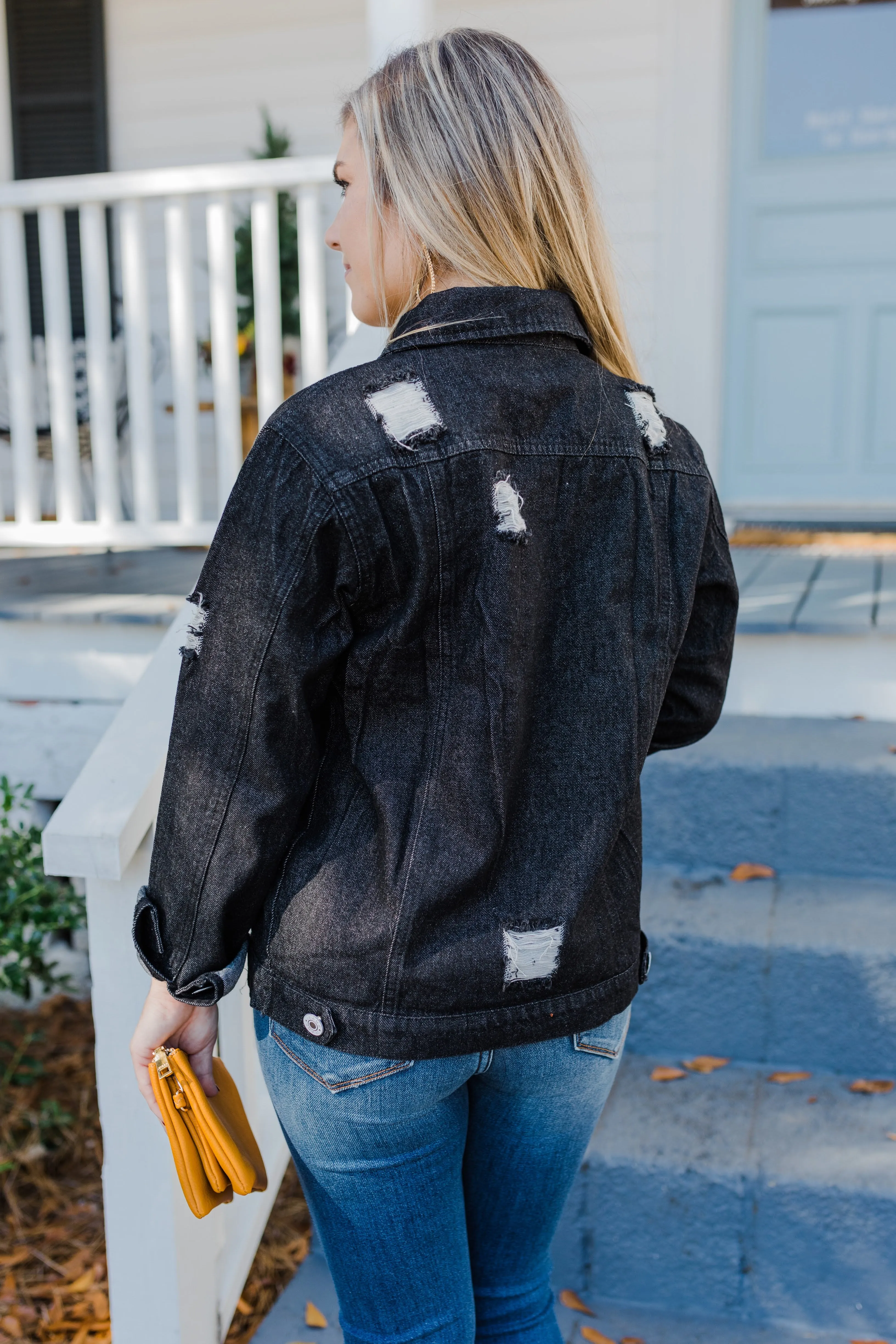 FINAL SALE Distressed Black Classic Light Wash Denim Jacket
