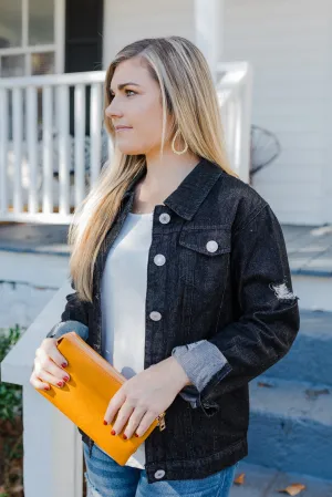 FINAL SALE Distressed Black Classic Light Wash Denim Jacket