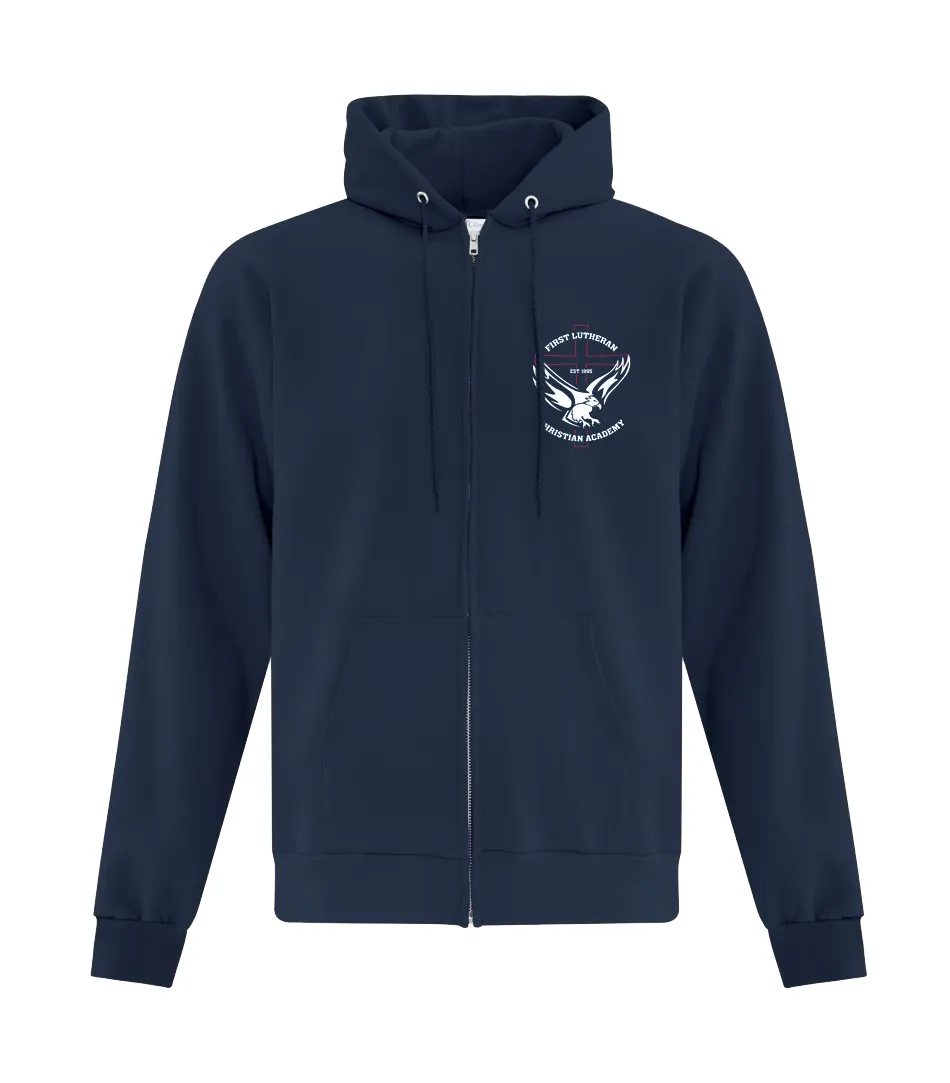 First Lutheran Adult Cotton Full Zip Hooded Sweatshirt with Embroidered Logo