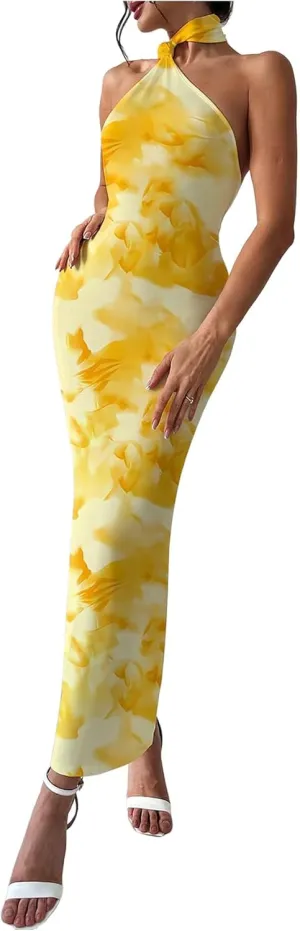 Floerns Women's Halter Neck Sleeveless Backless Bodycon Dress Cocktail Party Maxi Dresses