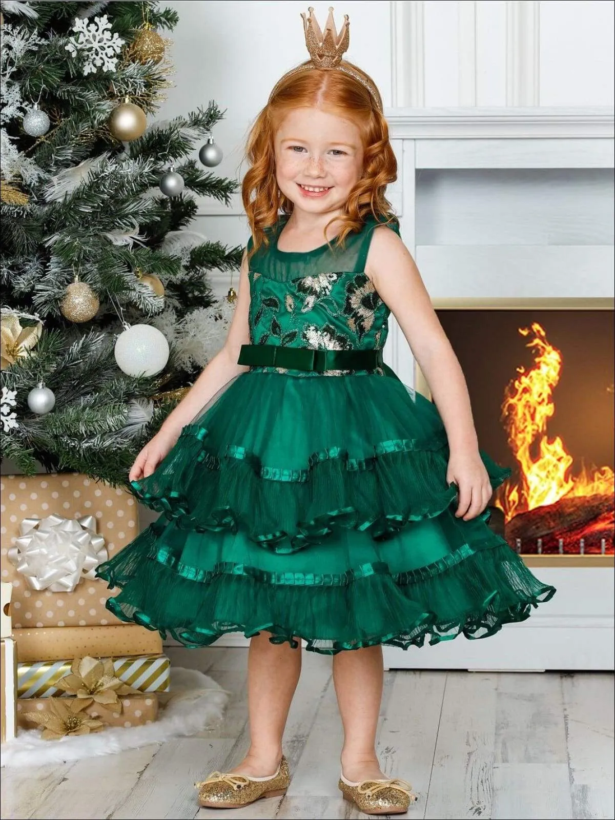 Girls Chiffon Embroidered Tiered Ruffle Dress