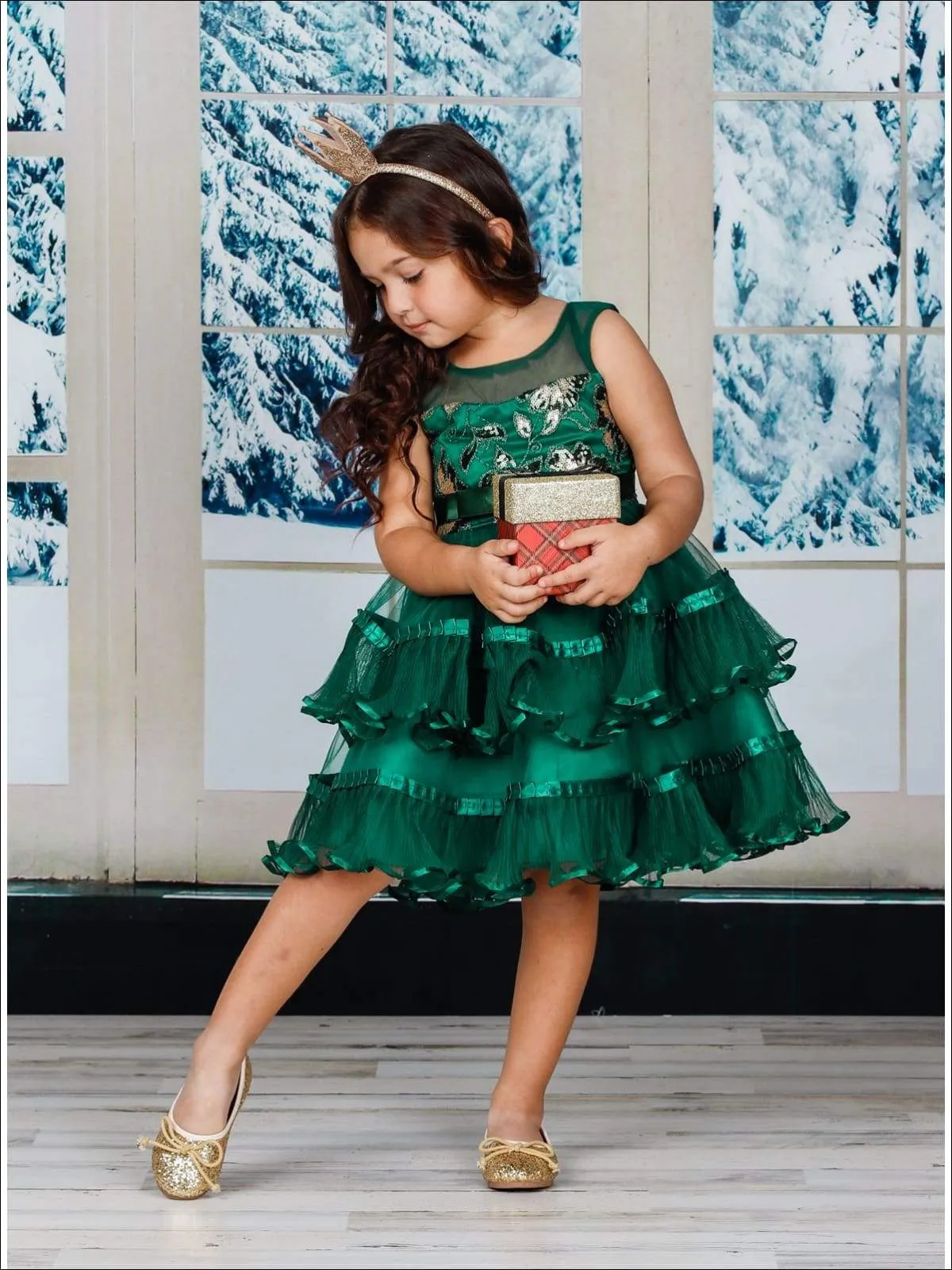 Girls Chiffon Embroidered Tiered Ruffle Dress