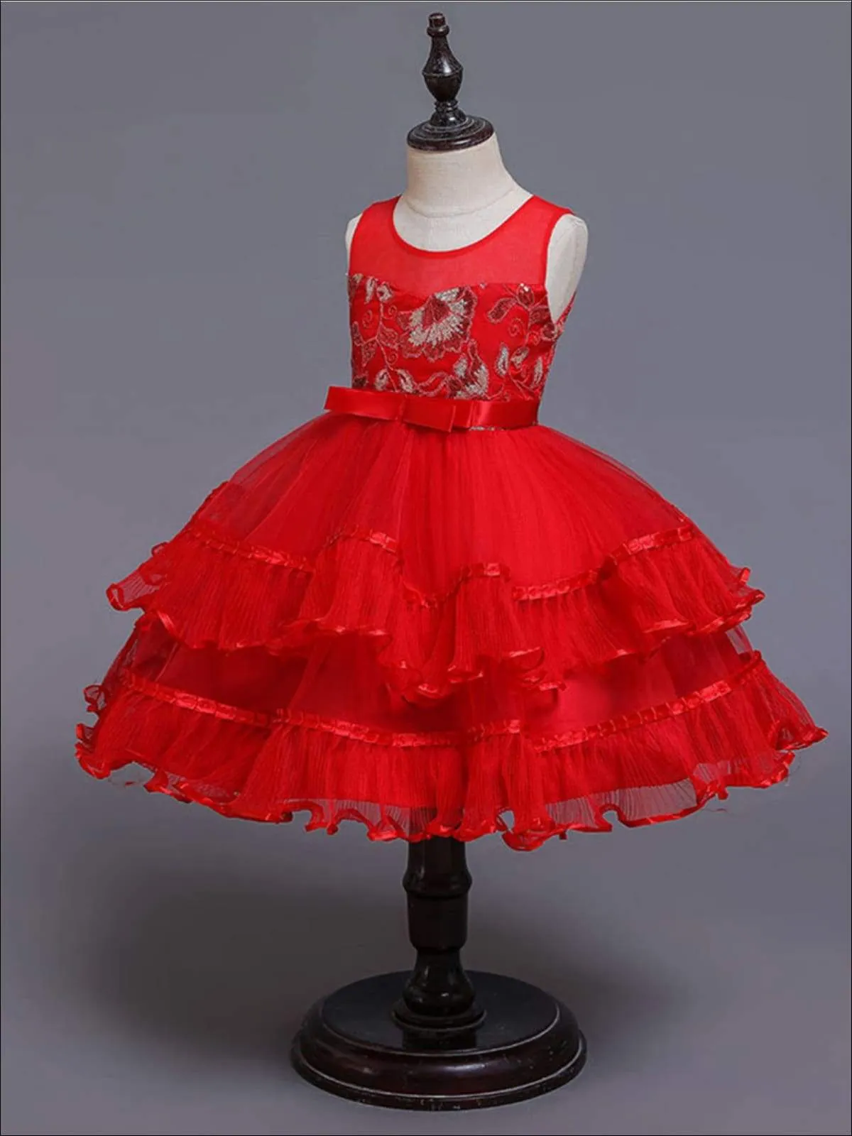 Girls Chiffon Embroidered Tiered Ruffle Dress