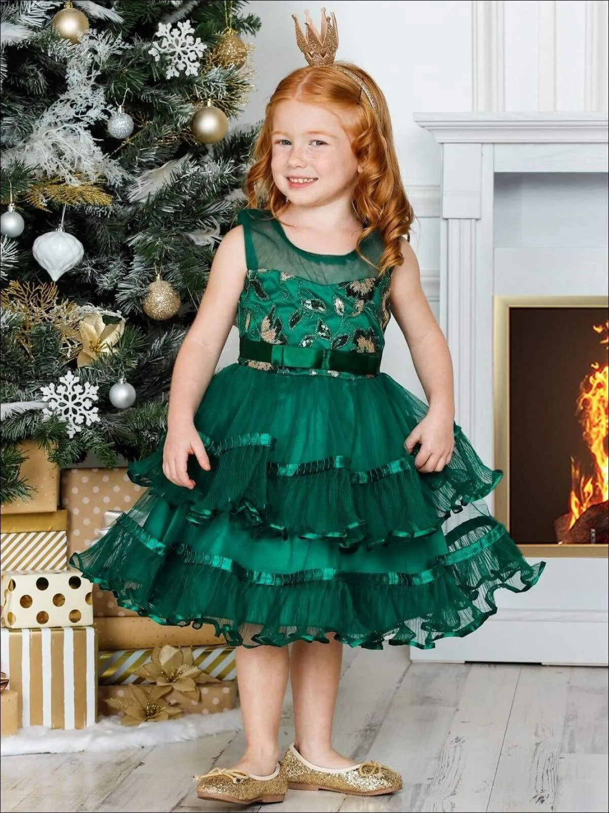 Girls Chiffon Embroidered Tiered Ruffle Dress