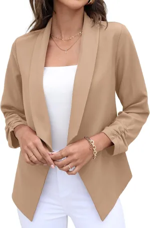 GRECERELLE Women's Blazer Suit Open Front Cardigan 3/4 Sleeve Fitted Jacket Casual Office Cropped Blazer