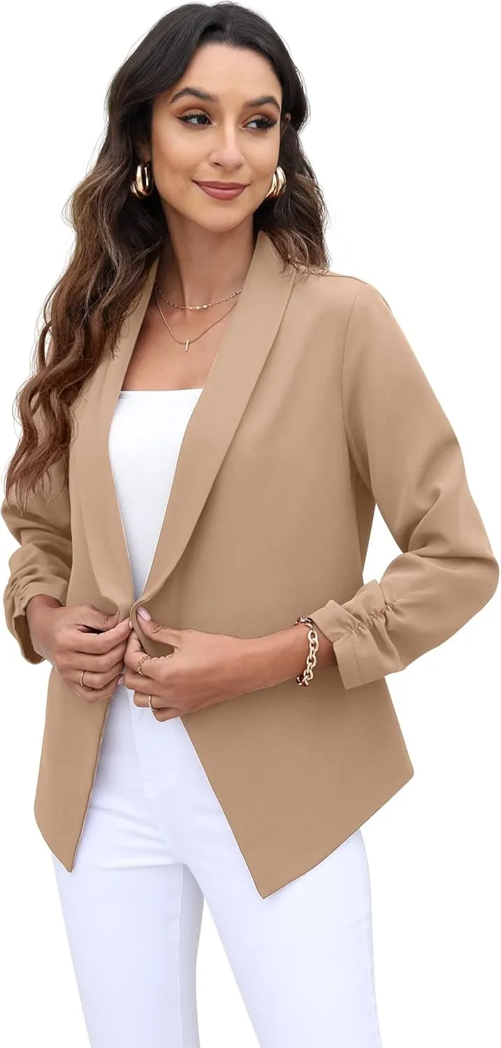 GRECERELLE Women's Blazer Suit Open Front Cardigan 3/4 Sleeve Fitted Jacket Casual Office Cropped Blazer