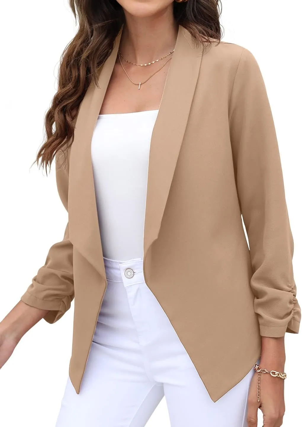 GRECERELLE Women's Blazer Suit Open Front Cardigan 3/4 Sleeve Fitted Jacket Casual Office Cropped Blazer