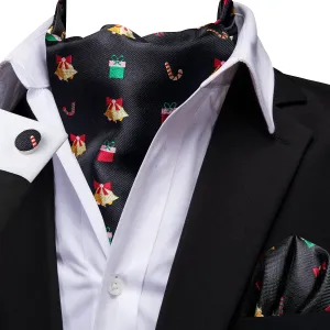 Hi-Tie Black Christmas Novelty Ascot Tie Pocket Square Cufflinks Set