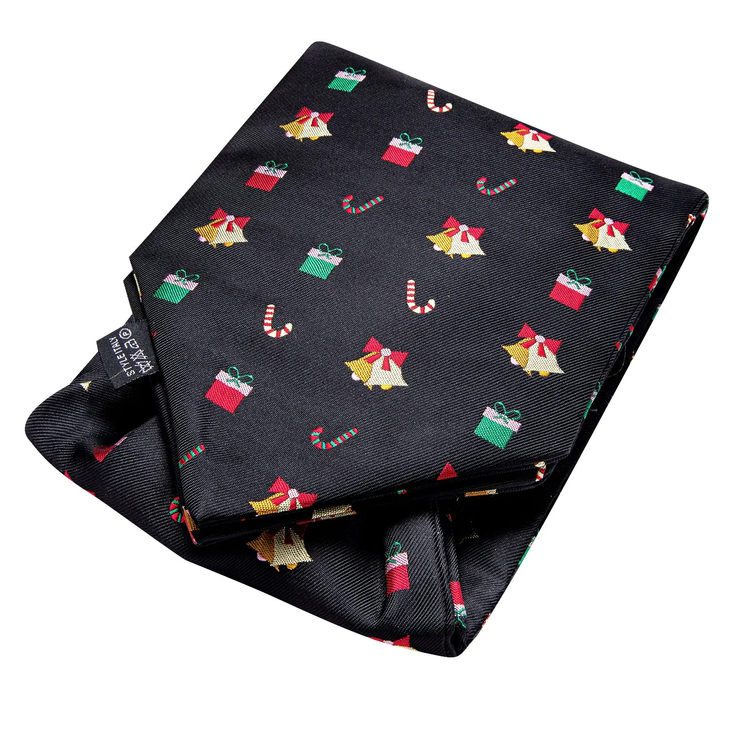 Hi-Tie Black Christmas Novelty Ascot Tie Pocket Square Cufflinks Set