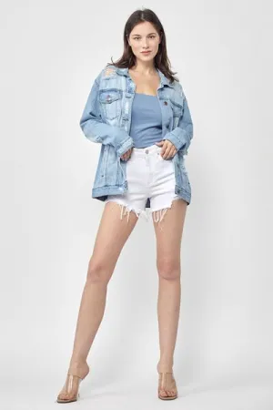 Light Blue Distressed Long Sleeve Denim Jacket Small-3XL