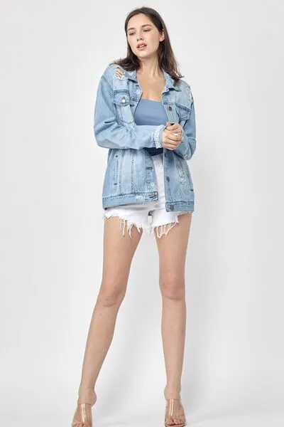 Light Blue Distressed Long Sleeve Denim Jacket Small-3XL